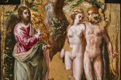 Bærbart alter bagside: Adm og Eva vender mod den evige fader, detalje af 2384587 (tempera grassa på panel) af El Greco