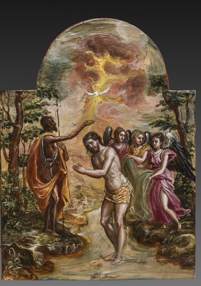Bærbart alter: højre dørpanel, der viser Kristi dåb, detalje af 2384586 (tempera grassa på panel) af El Greco