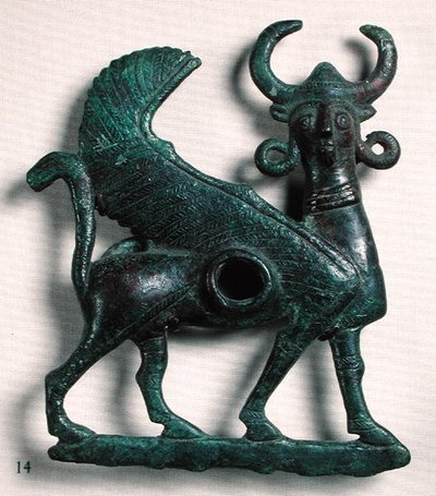 Hestebid i form af en vinget tyr med menneskehoved, fra Luristan, Iran (bronze) af Elamite