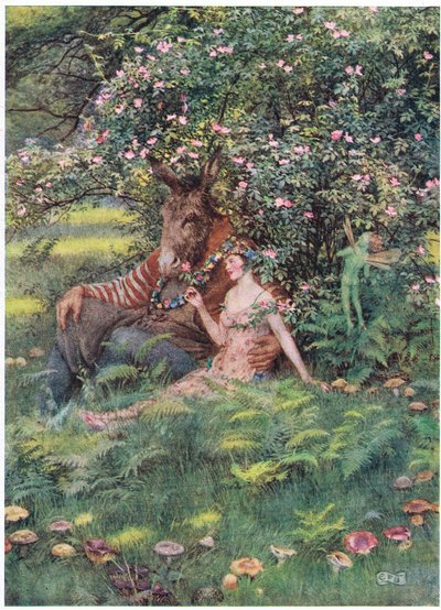 Bottom og Titania: "Kom og sæt dig ned på dette blomsterbed" (litho) af Eleanor Fortescue Brickdale