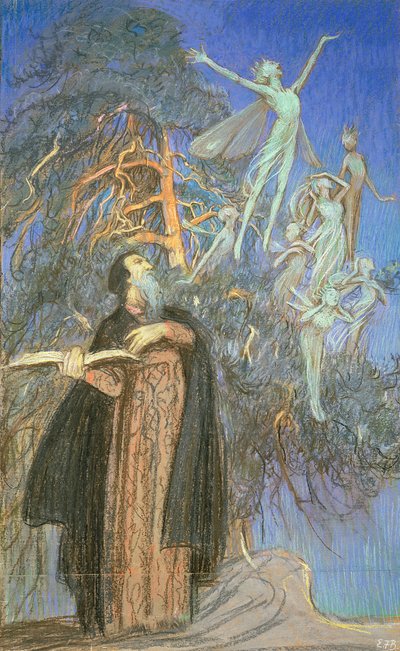 Prospero og Ariel, en undersøgelse af et tabt billede bestilt for Broadcasting House, London, ca. 1931 (pastel på papir) af Eleanor Fortescue Brickdale