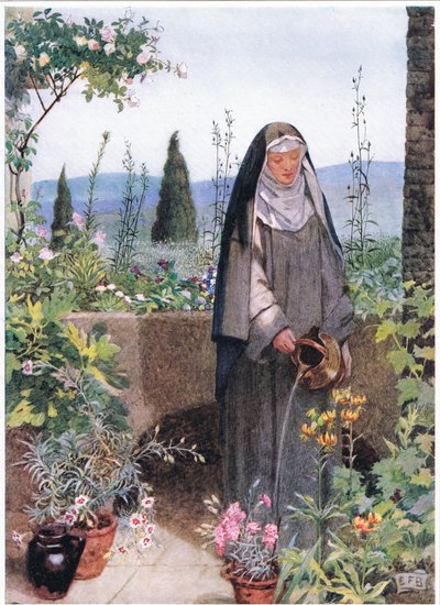 St Clare i haven til det kloster, hun grundlagde (litho) af Eleanor Fortescue Brickdale