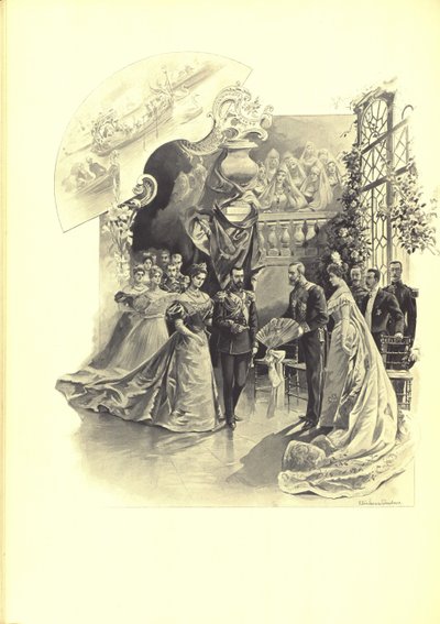 Alexandra Fyorodovna og Nicholas II under den ceremonielle reception på den franske ambassade, 1899 af Elena Petrovna Samokish-Sudkovskaya
