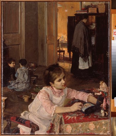 Barneværelse (Børn leger med deres legetøj, mens en stuepige ordner vasketøj i skabet) - Børneværelse - Maleri af Elena Dmitryevna Polenova (1850-1898), olie på lærred af Elena Polenova