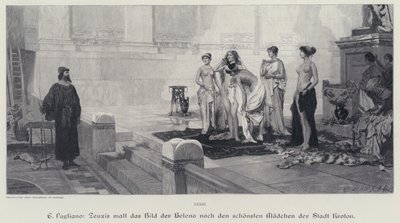 Den antikke græske kunstner Zeuxis vælger blandt de smukkeste kvinder i byen Crotone modellen til sit maleri af Helen af Troja (gravering) af Eleuterio Pagliano