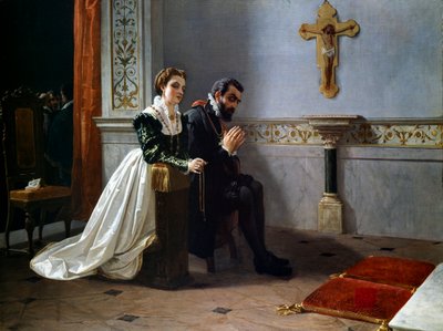 Bianca Cappello og Francois I de Medici (1541-1587) (Francesco Primo I de Medici) beder foran et krucifiks (olie på lærred) af Eleuterio Pagliano