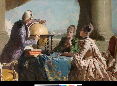 The Lecon of Geography To unge kvinder i det høje samfund og deres lærer viser dem en jordklode Maleri af Eleuterio Pagliano (1826-1903) 1880 Privat samling af Eleuterio Pagliano