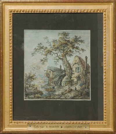 Landschaft mit Bauernhof oder Hütten bei der Eiche af Elias Martin