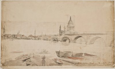 London Bridge og St. Paul set fra siden af Themsens bred af Elias Martin