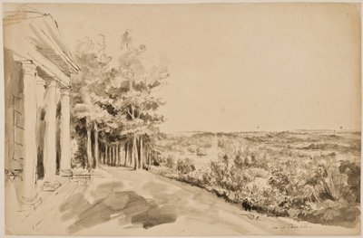 Udsigt over Bacchus-templet med det gotiske tempel i baggrunden i Painshill af Elias Martin