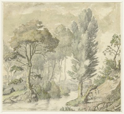 Skovlandskab med en bakke til højre og vand i midten af Elias van Nijmegen
