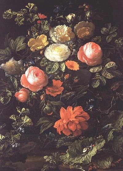 Stilleben med roser, insekter og snegle af Elias van den Broeck