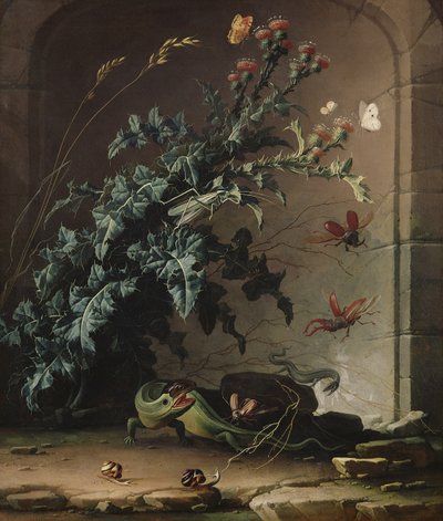 Stenniche med tidsel, firben og insekter, 1690 af Elias van den Broeck