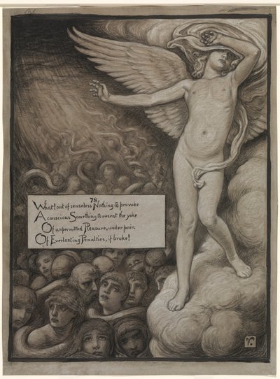 (Illustration til Rubáiyát af Omar Khayyám) Kærligheden skrumper forskrækket ind ved synet af helvede af Elihu Vedder