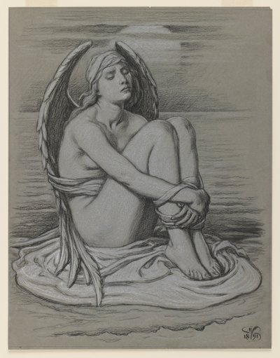 Bound Angel, 1891 (sort-hvidt kridt eller farveblyant på vævet papir) af Elihu Vedder