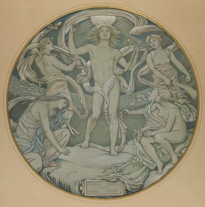Tegnefilm til Center Circle of Huntington Ceiling: Apollo og Attendants af Elihu Vedder