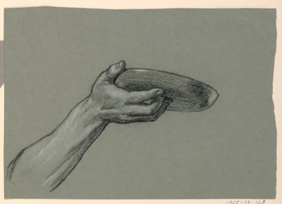 Tegning, detalje af underarm og hånd, der holder en cirkulær genstand, ca. 1885 af Elihu Vedder