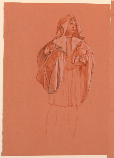 Tegning, studie af en figur i hætteklædt kostume, ca. 1885 af Elihu Vedder