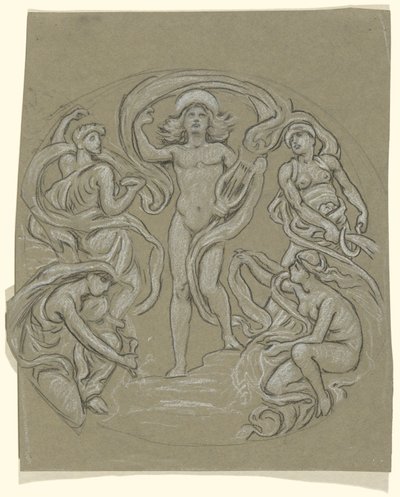 Undersøgelse for Center Circle of Huntington Ceiling: Apollo og Attendants af Elihu Vedder