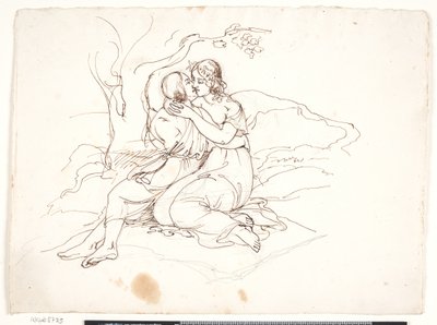 Et ungt par i omfavnelse i et landskab af Elisabeth Jerichau Baumann