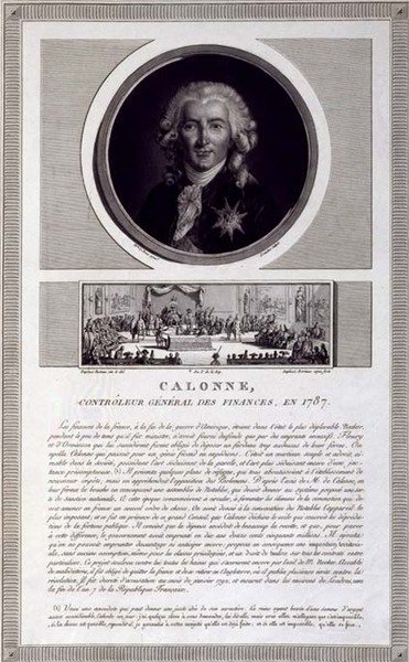 Calonne, generalkontrollør for finanser, i 1787, portræt indgraveret af Charles Levachez (fl.1760-1820), med en scene fra de notables forsamling af Jean Duplessis-Bertaux (1747-1819), ca. 1803 (gravering) af Elisabeth Louise (after) Vigee Lebrun