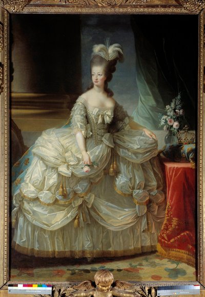 Portræt i foden af Marie Antoinette af Lorraine Habsburg Dronning af Frankrig (1755-1793) i stor hofdragt, en rose i hånden Maleri af Marie Elisabeth Louise Vigee Le brun (eller Vigee-Lebrun eller Vigee Lebrun) (1755-1842) 1700-tallet Sol. 2,23 x 1,58 m af Elisabeth Louise Vigee Lebrun