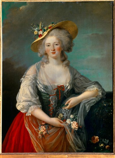 Portræt af Elisabeth Philippine Marie Helene af Frankrig kendt som Madame Elisabeth (1764-1794), søster til Ludvig XVI repræsenteret i 1782, i et landkostume med blomster. Maleri af Marie Elisabeth Louise Vigee Le brun (eller Vigee-Lebrun eller Vigee Lebru af Elisabeth Louise Vigee Lebrun