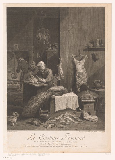 Køkkenscene med personale, der tilbereder måltidet Le Cuisinier Flamand (titel på objekt) af Élisabeth Lépicié
