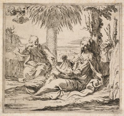 Hvil på flugten til Egypten. af Elisabetta Sirani