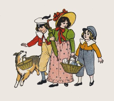 Børn går en tur (farve litho) af Elise H. Stewart