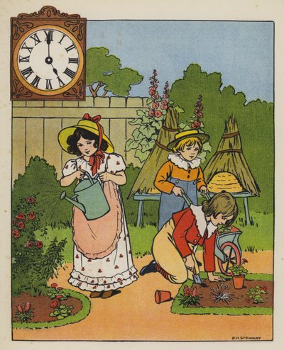 Havearbejde (farve litho) af Elise H. Stewart