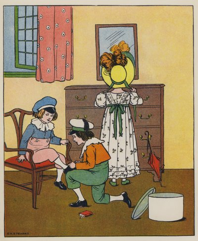 Søndag, påklædningstid (farve litho) af Elise H. Stewart