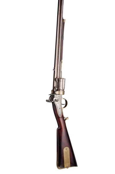 28-boret Collier patent fem-skuds håndroteret flintlås roterende riffel af militær type, ca. 1819-20 (træ, stål og messing) af Elisha Haydon Collier