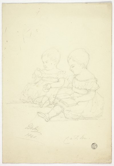 To siddende babypiger (recto), et stilleben og to dyr (verso) af Elizabeth Murray