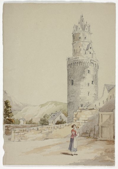Kvinde og barn før Walled Town med tårn af Elizabeth Murray