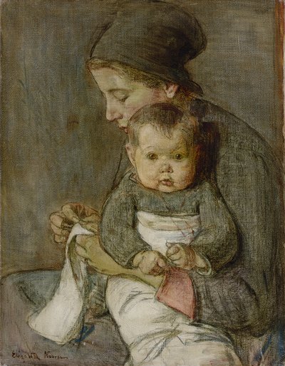 Mor og baby (olie på lærred) af Elizabeth Nourse