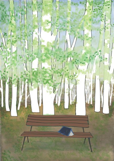 Bench in the Forest, 2017 (akvarel og collage) af Elizabeth Rider
