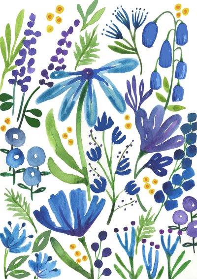 Blå blomster, 2018 (akvarel) af Elizabeth Rider