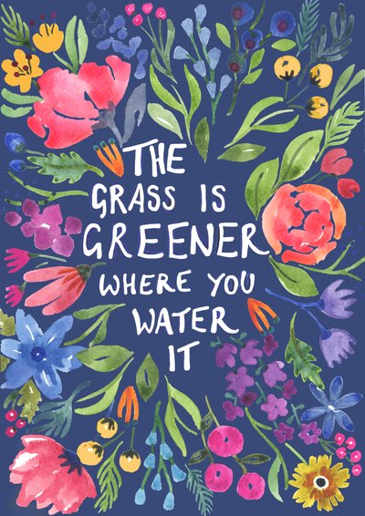 Greener Grass (blå baggrund), 2018 (akvarel) af Elizabeth Rider