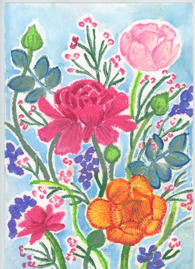 Ranunkelbuket, 2018 (oliepastel) af Elizabeth Rider