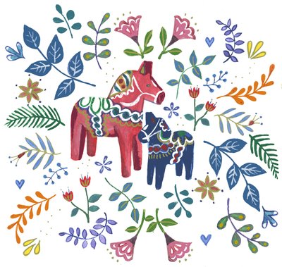Swedish Dala Horse, 2018 (akvarel og akryl) af Elizabeth Rider
