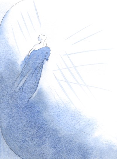 En forladt sjæl (en god person) dukkede op fra en tynd kokon af selvkærlighed og var alt imens farten mod Himlens herlighed., 2001 (w/c på papir) af Elizabeth Wang