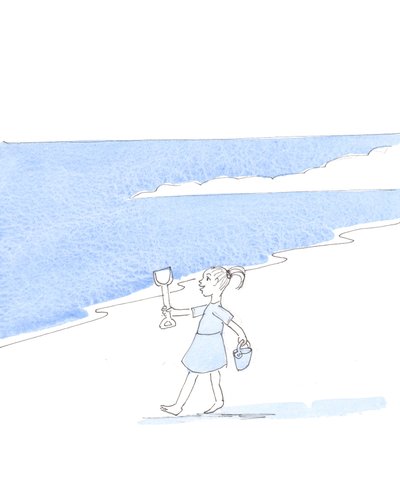 Et glad og lydigt barn på ferie har frihed til at gøre et eller andet godt på stranden, 2005 (akvarel på papir) af Elizabeth Wang