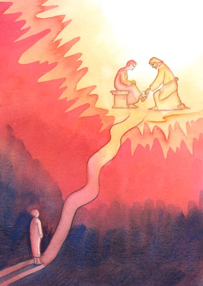 En person, der af kærlighed til Gud elsker og tjener sin næste, går en hård vej mod Himlen, med stejle stigninger, 2004 (w/c på papir) af Elizabeth Wang