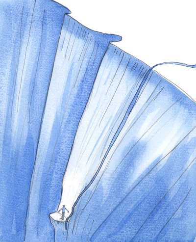 En person, der er fanget i alvorlig synd, er som en person, der er fanget på en lille afsats, dybt nede i afgrunden, 2005 (akvarel på papir) af Elizabeth Wang