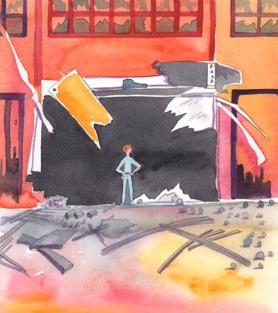 En syndig sjæl, der er beskadiget af en alvorligt syndig livsstil, er som en udbombet butik i en krigszone, 2005 (akvarel på papir) af Elizabeth Wang