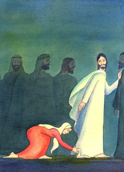 En kvinde tænkte ved sig selv: "Hvis jeg kun kan røre ved kanten af hans tøj, bliver jeg helbredt", 2001 (w/c på papir) af Elizabeth Wang