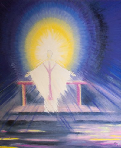 Efter indvielsen ved messen er Jesus Kristus, sand Gud og sandt menneske, til stede hos os i al hans herlighed, 2000 (olie om bord) af Elizabeth Wang