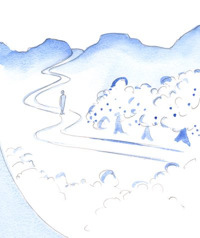 Midt i det åndelige livs høje bjergtoppe ligger en frugtbar dal: Guds have. "This is Eden", 2002 (w/c på papir) af Elizabeth Wang