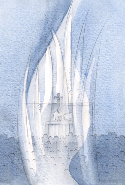 Engle tilbeder overalt hvor Kristus er til stede, mørke eller kulde ikke modstå., 2001 (w/c på papir) af Elizabeth Wang